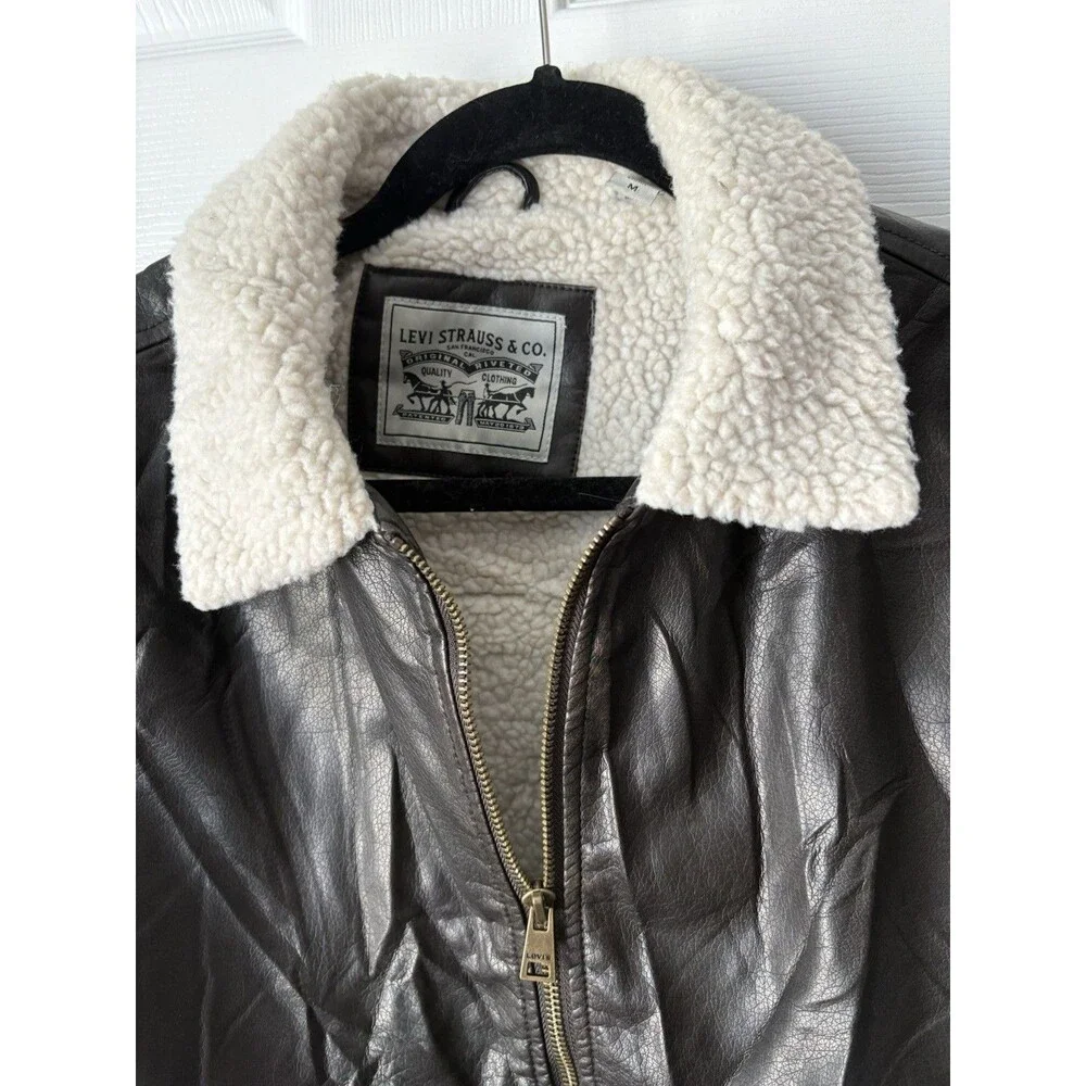 Womens Levis Brown Bomber Jacket Faux Leather Sherpa Lined Size Medium
